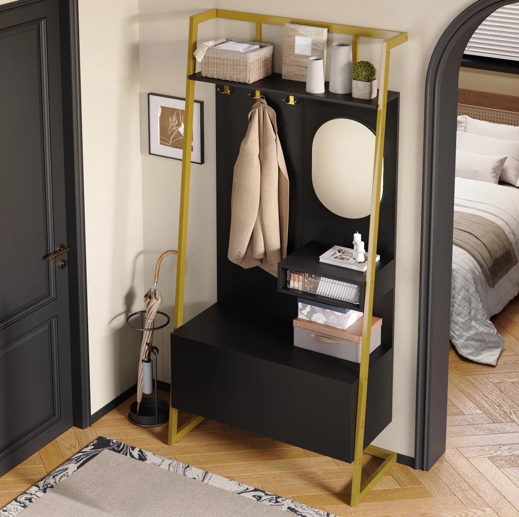 Mobile guardaroba compatto con specchio; ganci e panca portascarpe; 78 ¡Á 38.5 ¡Á 180.5 cm; nero