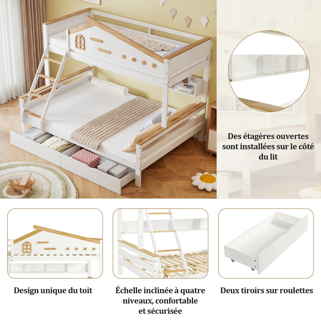 Letto a castello 3 posti 90×200 cm e 140×200 cm con 2 cassetti, mensole e scala inclinata, senza materasso