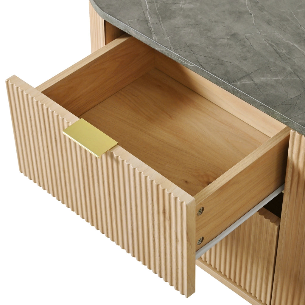 Mobile TV in MDF effetto legno naturale con ante 3D verticali e vetrina ovale in vetro grigio, 172x38x45,5 cm