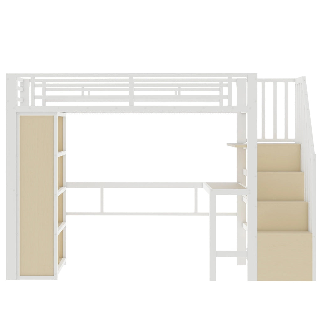 Letto a Soppalco 90x200 cm in Metallo con Scrivania; Scala Contenitore; LED; Scaffali; Bianco