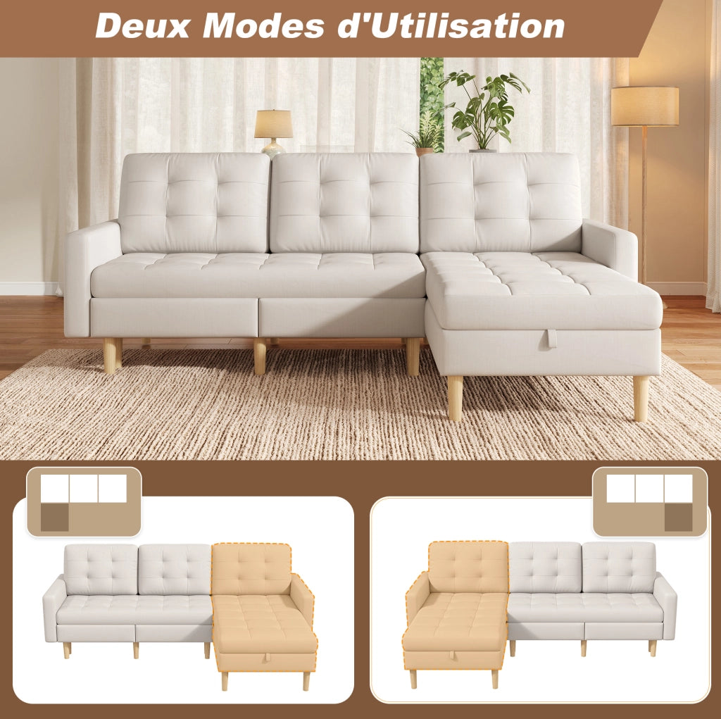Divano angolare con chaise longue reversibile e contenitori; 212 × 130 × 86 cm; beige