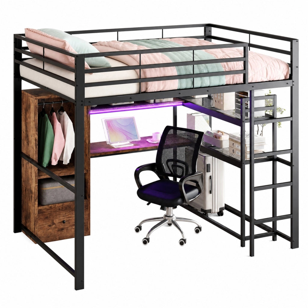 Letto a soppalco 140 × 200 cm con scrivania LED 16 colori cassetto ripiani in metallo e MDF nero
