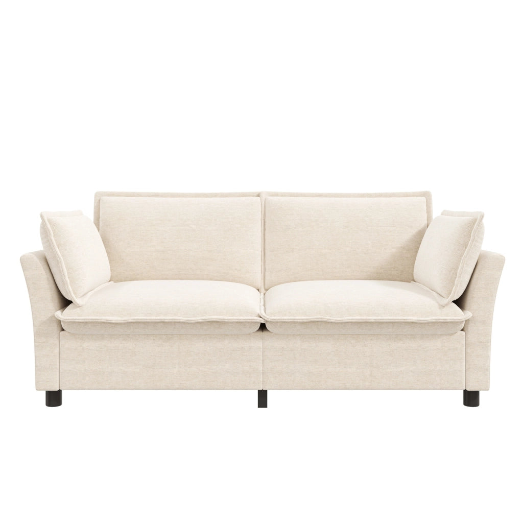 Divano 2 posti 155x81x87 cm in ciniglia beige con 2 cuscini e struttura in ferro