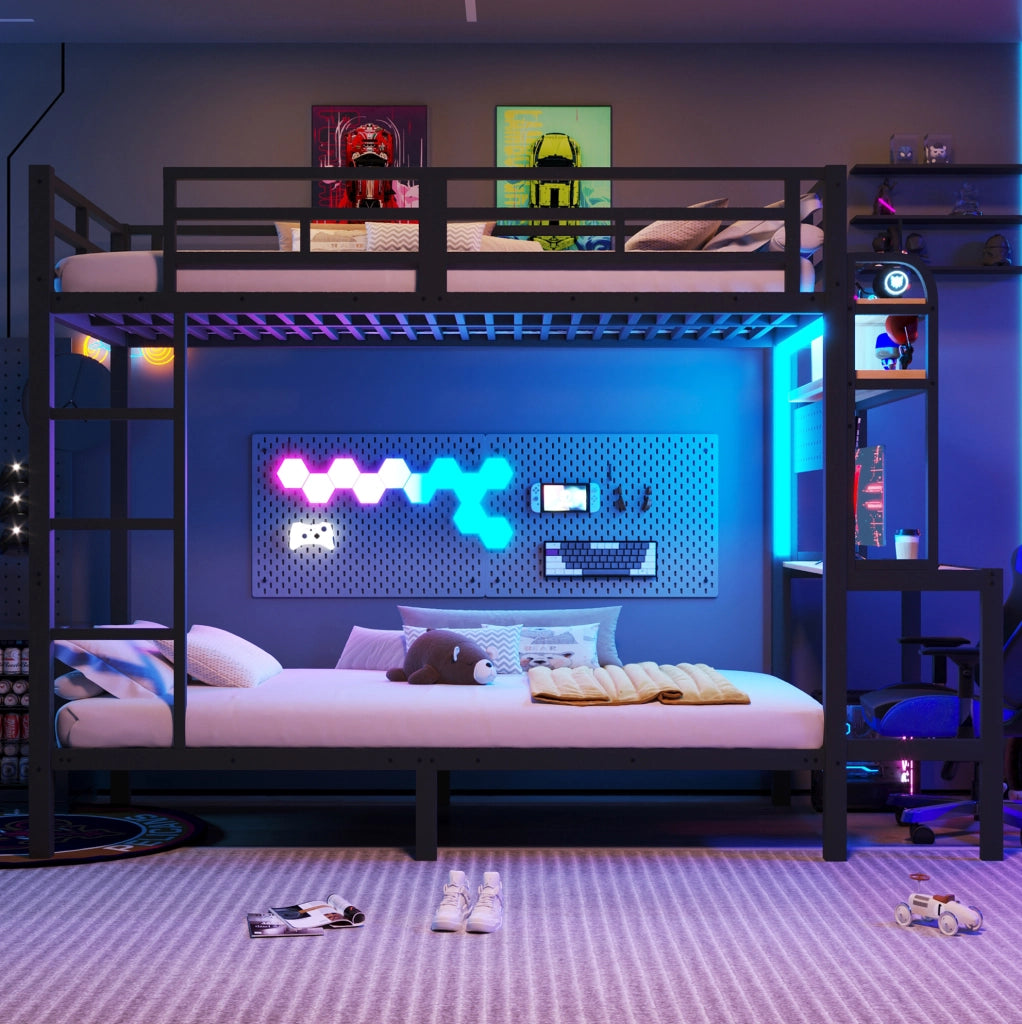 Letto a soppalco singolo 90x200 cm con scrivania; LED e USB in metallo e MDF nero