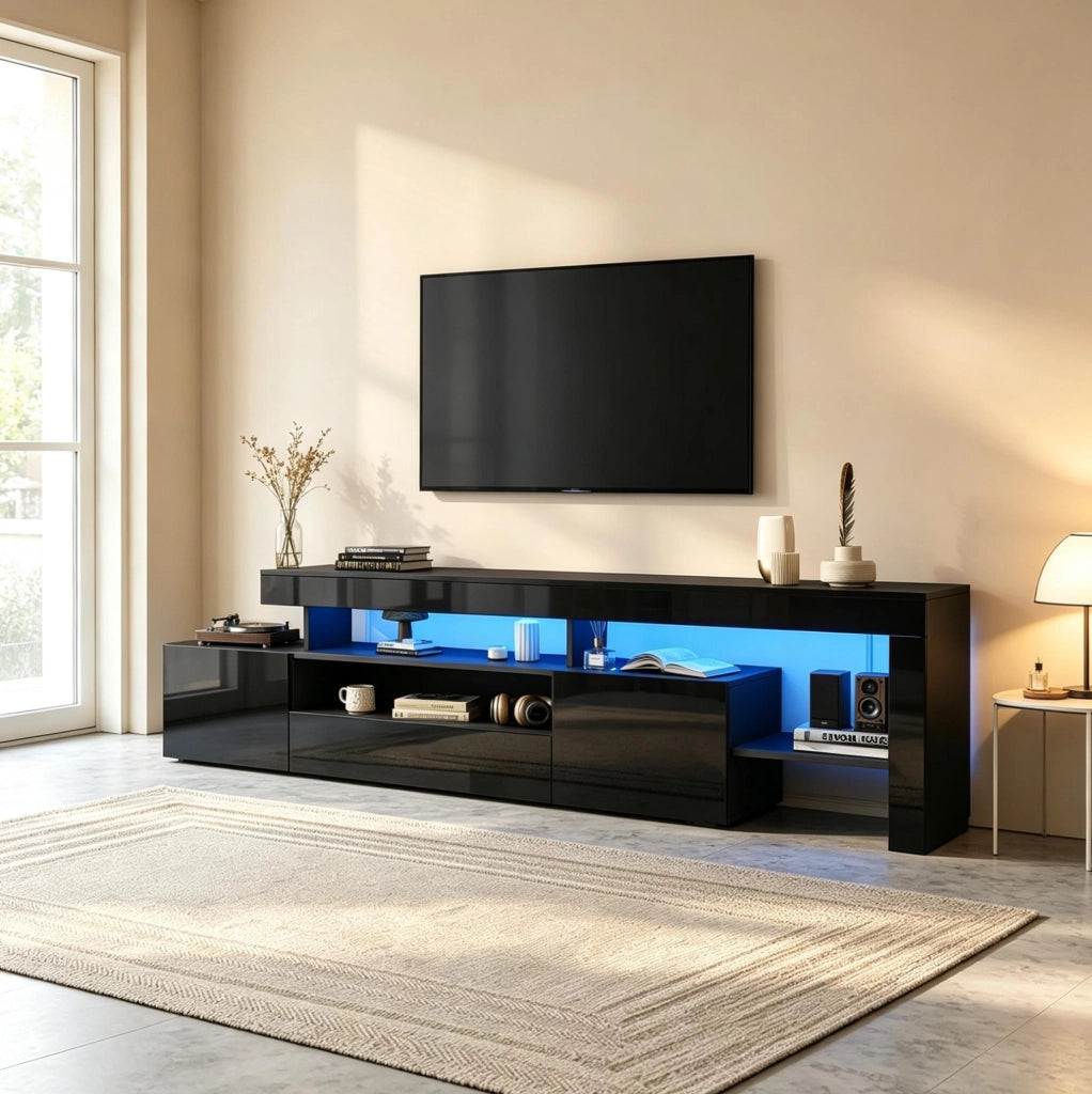Mobile TV con LED 192x37x53 cm; 3 ante a ribalta e ripiani in truciolare nero