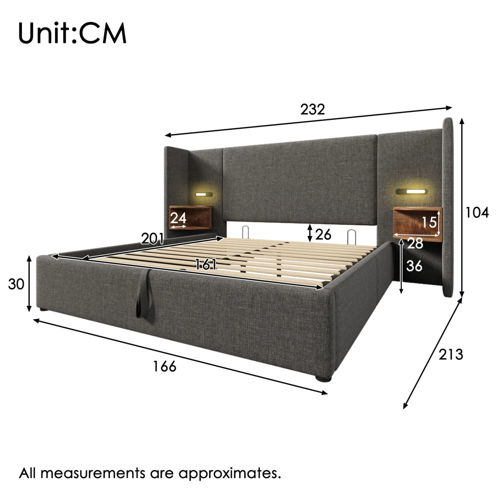 Letto matrimoniale 160x200 con struttura in metallo e legno massiccio, testiera con lampada da lettura e funzione di ricarica USB Type-C, grigio, con rete a doghe