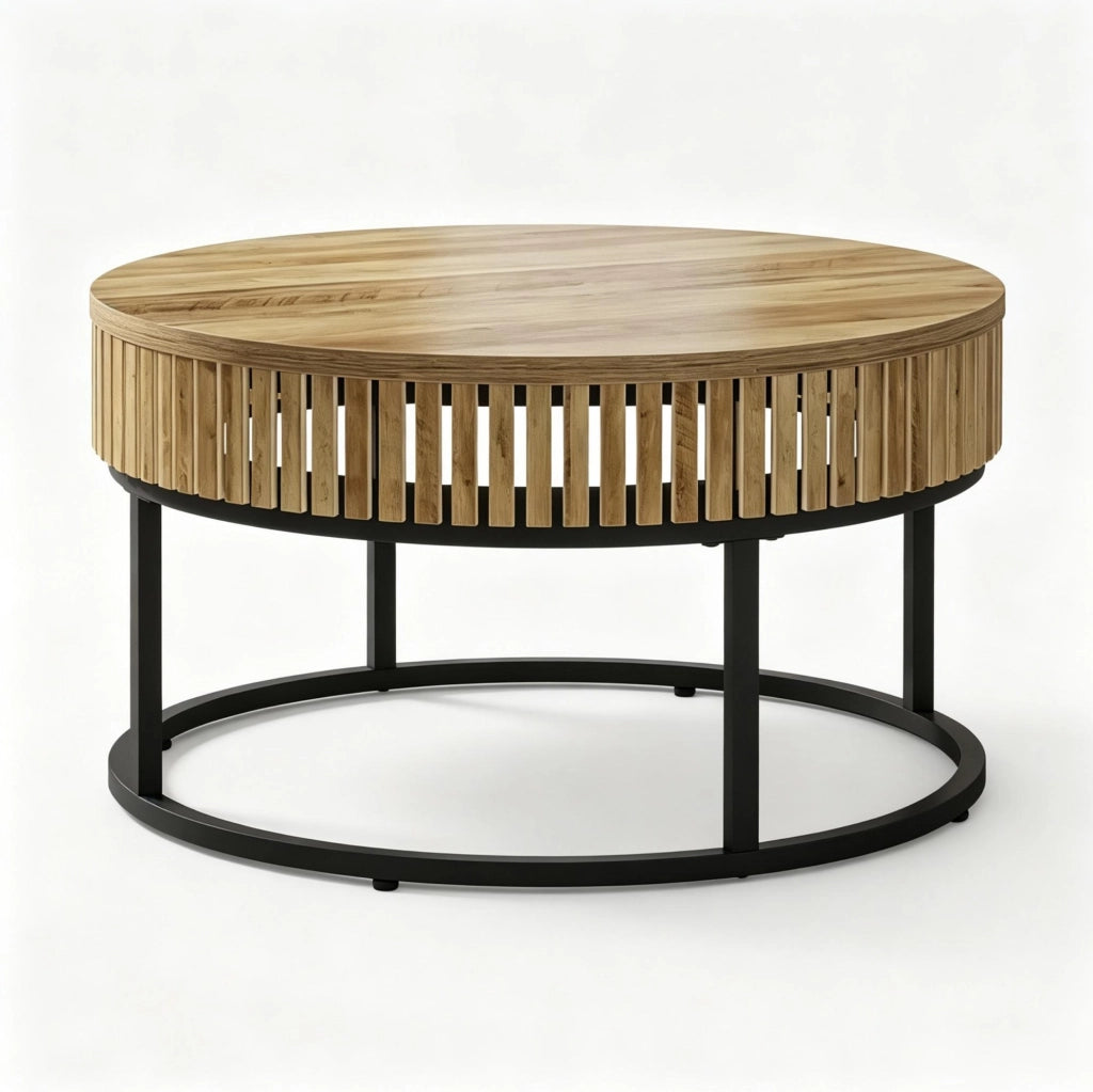 Tavolino rotondo 80x80x45 cm in MDF e metallo nero e marrone