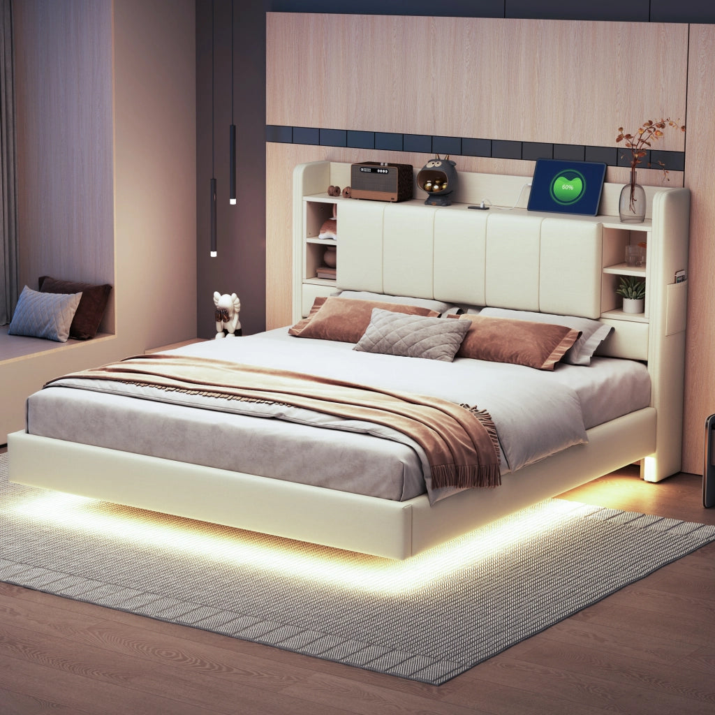 Letto matrimoniale imbottito 160 × 200 cm con LED porta USB vani e mensole testiera in lino beige