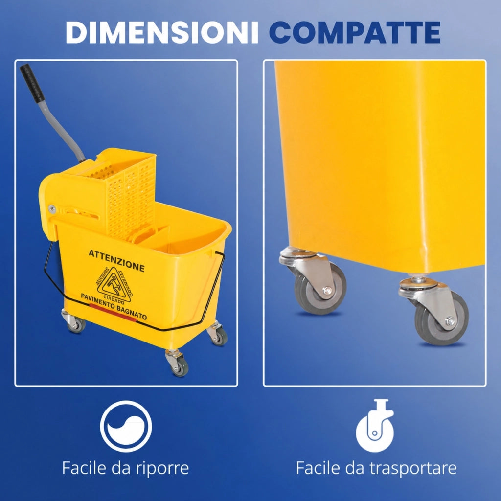 Carrello lavapavimenti 20 litri con strizzatore; due scomparti; plastica; giallo