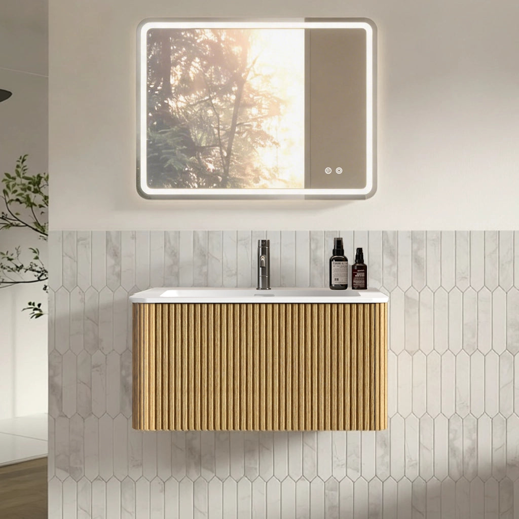 Mobile da bagno sospeso con lavabo integrato e specchio LED - per bagno - rovere