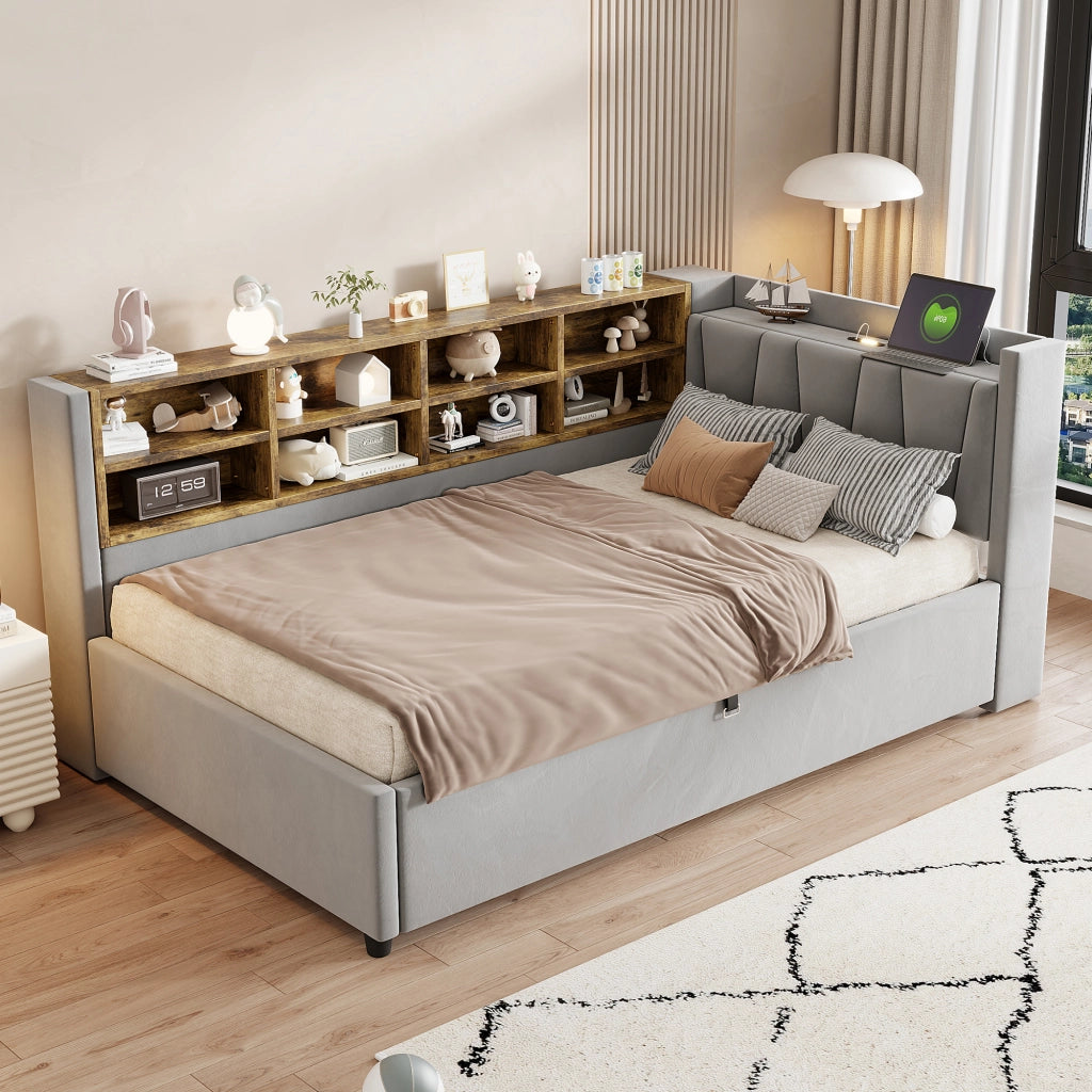 Letto divano singolo 90 × 200 cm con contenitore idraulico; luce notturna; USB e Type-C; senza materasso; grigio chiaro