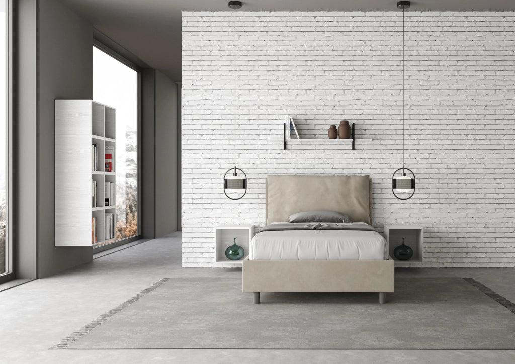 Letto 1 Piazza E Mezzo 130x190 cm con Rete Imbottito in Microfibra Antea Large Sabbia