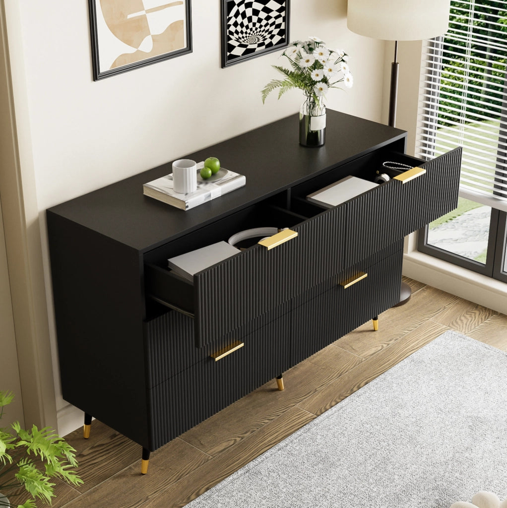 Credenza ULEVR 120x40x77 cm con 6 cassetti, gambe e maniglie dorate, finitura nera, per soggiorno