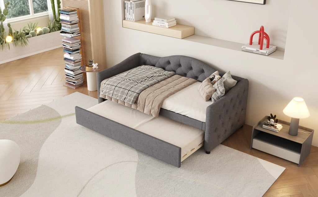 Letto singolo con letto estraibile 90 × 200 cm in lino e mdf grigio con rete a doghe e 12 listelli