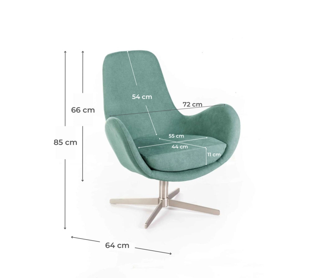 Poltrona Girevole Olga in Tessuto Acquamarina con Base Cromata in Metallo - Design Moderno Sinuoso per Arredo Interno 72x64x85 cm