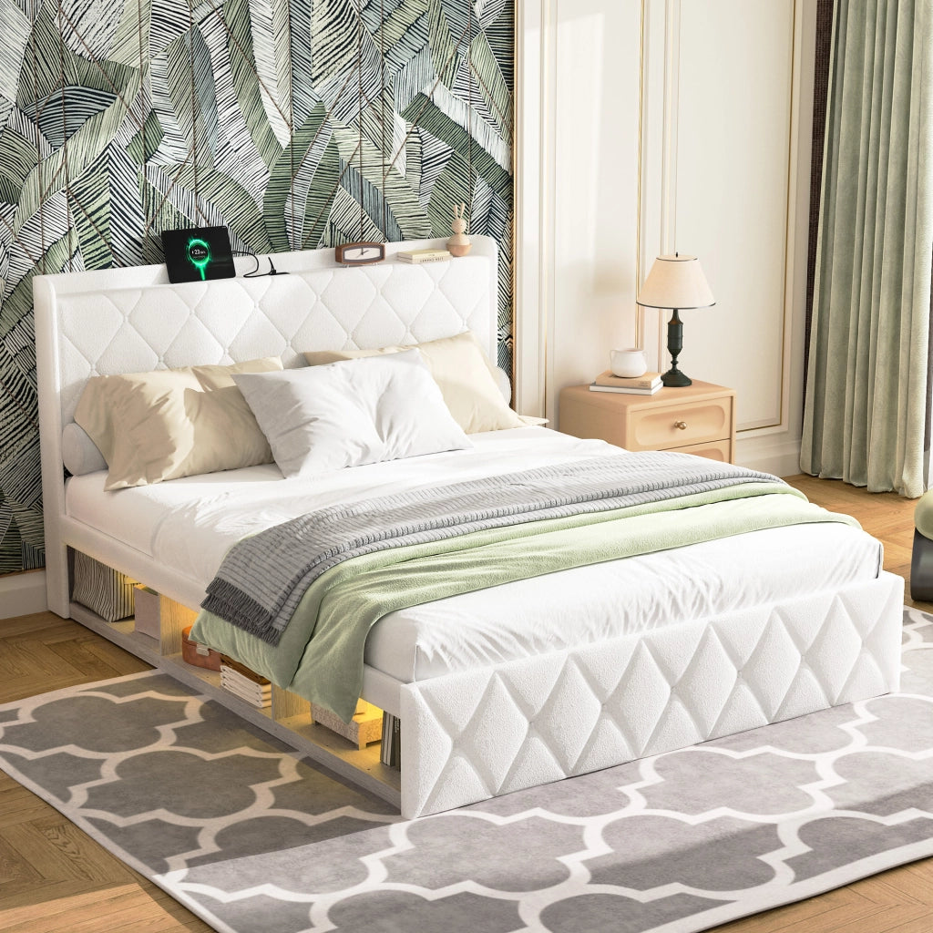 Letto imbottito 140x200 cm con LED, ricarica USB e ripiano in tessuto Teddy bianco