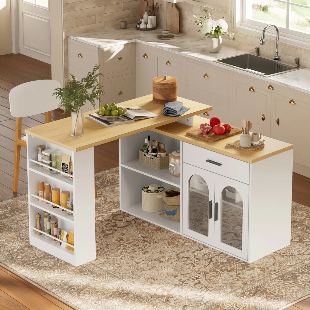 Isola da cucina con piano girevole a 360° cassetto e ripiani regolabili in MDF bianca per sala da pranzo
