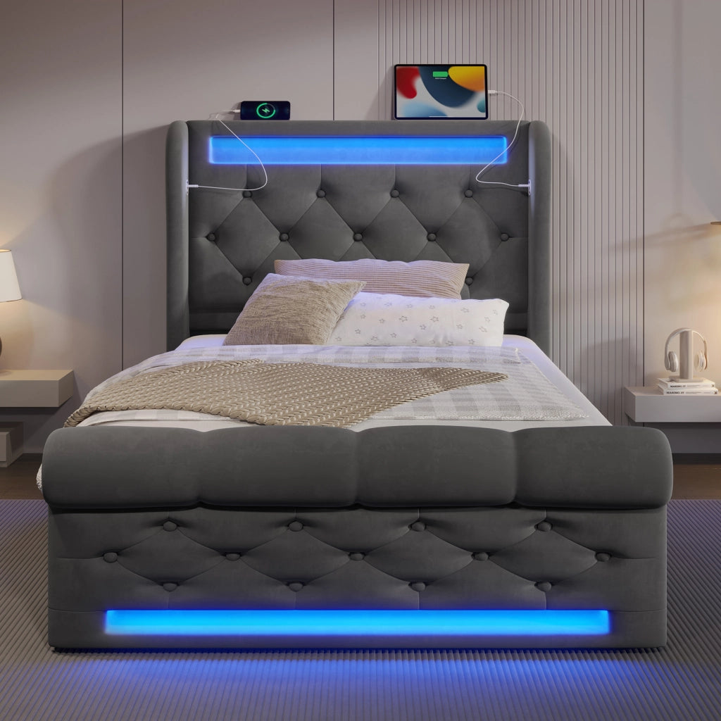 Letto singolo con contenitore 90 × 200 cm idraulico in velluto grigio con LED e porte USB e Type-C