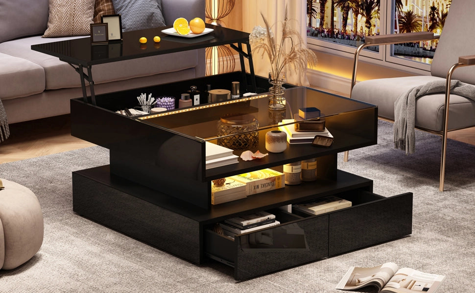 Tavolino da salotto sollevabile quadrato 80x80 cm nero con LED