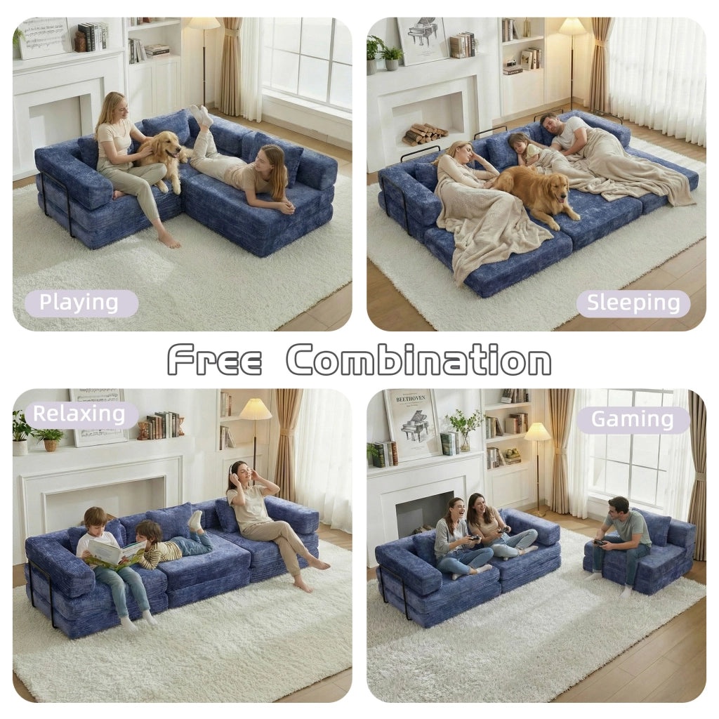 Divano letto modulare pieghevole da pavimento con funzione materasso, senza montaggio, in ciniglia blu scuro