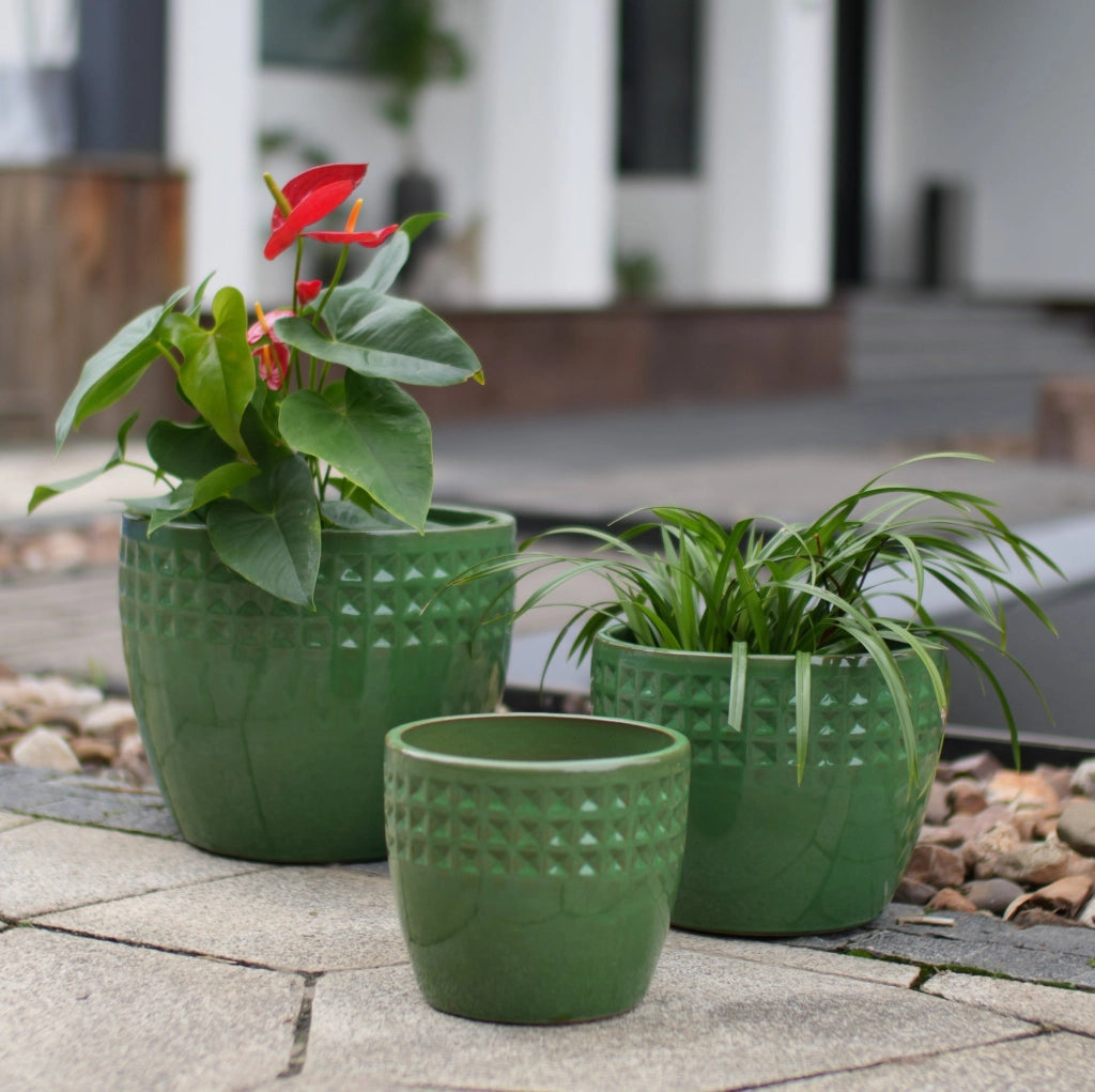 Set di 3 Vasi in Ceramica Artigianali con Foro di Drenaggio Ø 38,1/30,5/22,9 cm, Motivo Verde per Piante da Interno ed Esterno