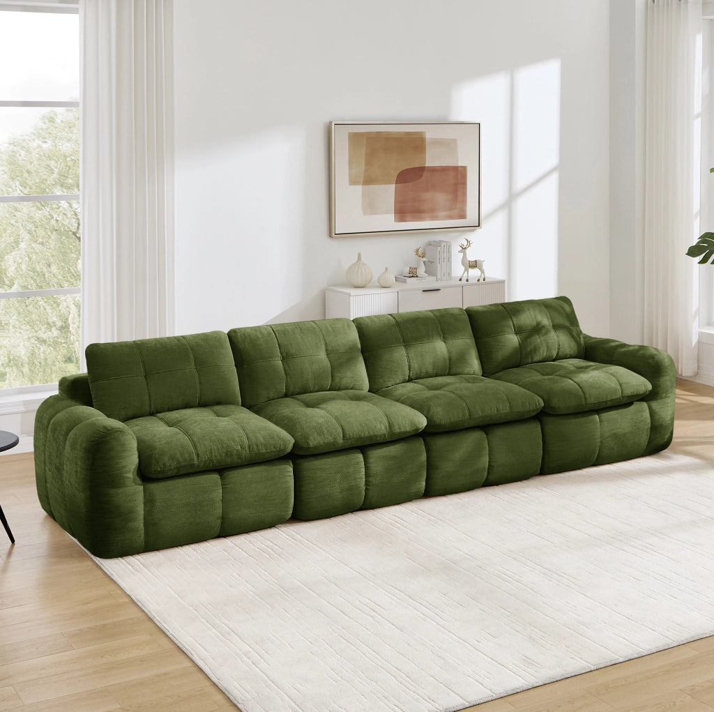 Divano modulare 4 posti verde in chenille con schiuma ad alta densità 32D, senza telaio, per soggiorno e appartamenti