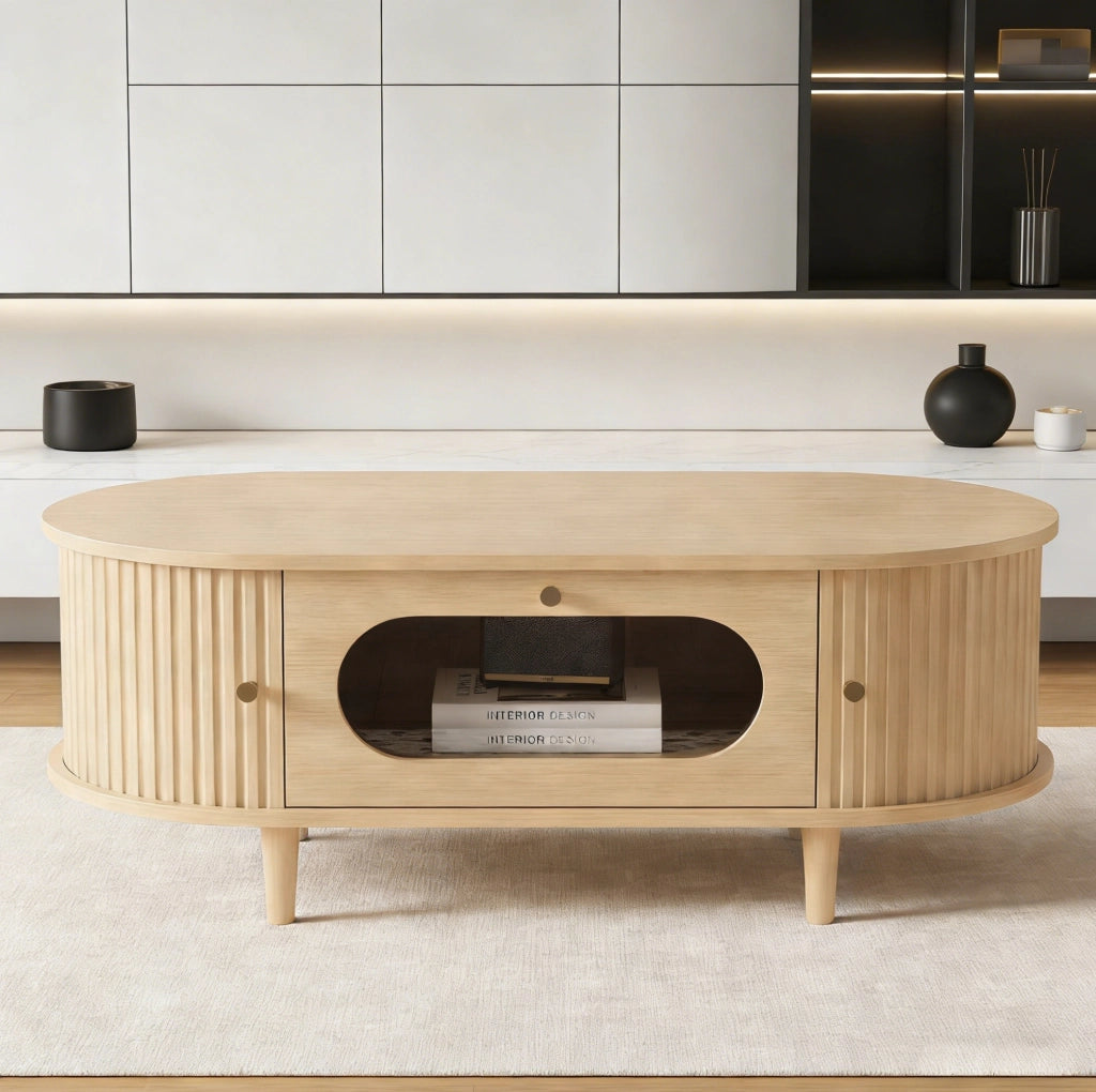 Tavolino da salotto in MDF 100x50x36 cm con cassetto e ante