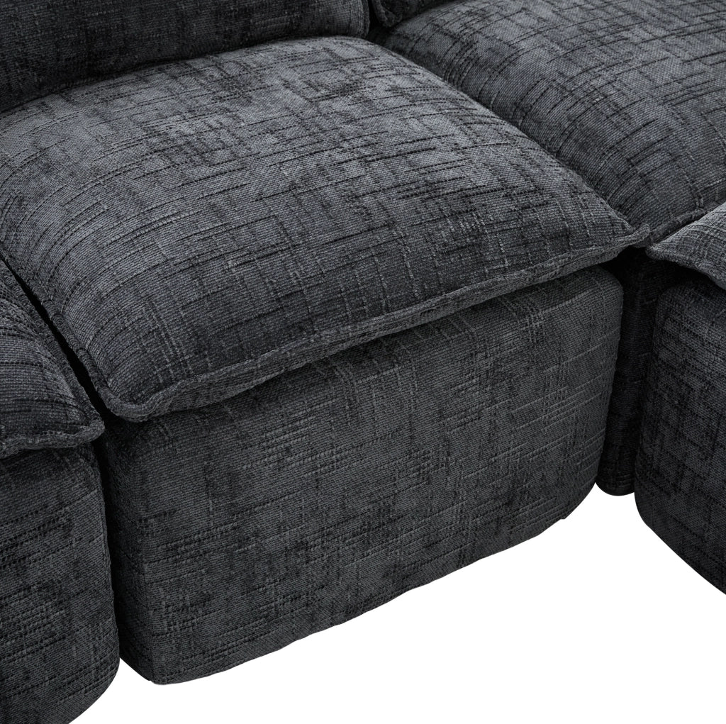 Divano modulare in tessuto chenille grigio scuro con tasche laterali e pouf 256x161 cm