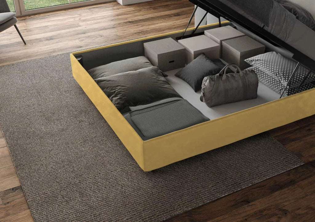 BS COM Letto matrimoniale king size contenitore imbottito 190x200 microfibra ocra
