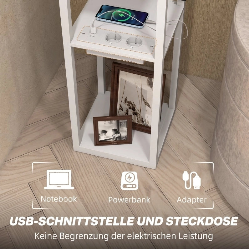Lampada da terra bianca in MDF con 3 ripiani, interruttore a pedale e porte USB