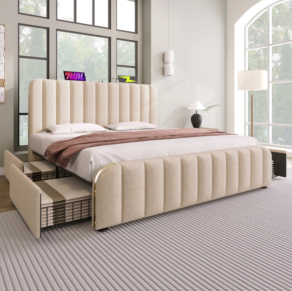 Letto matrimoniale beige 180x200 cm con 4 cassetti, USB e Type-C