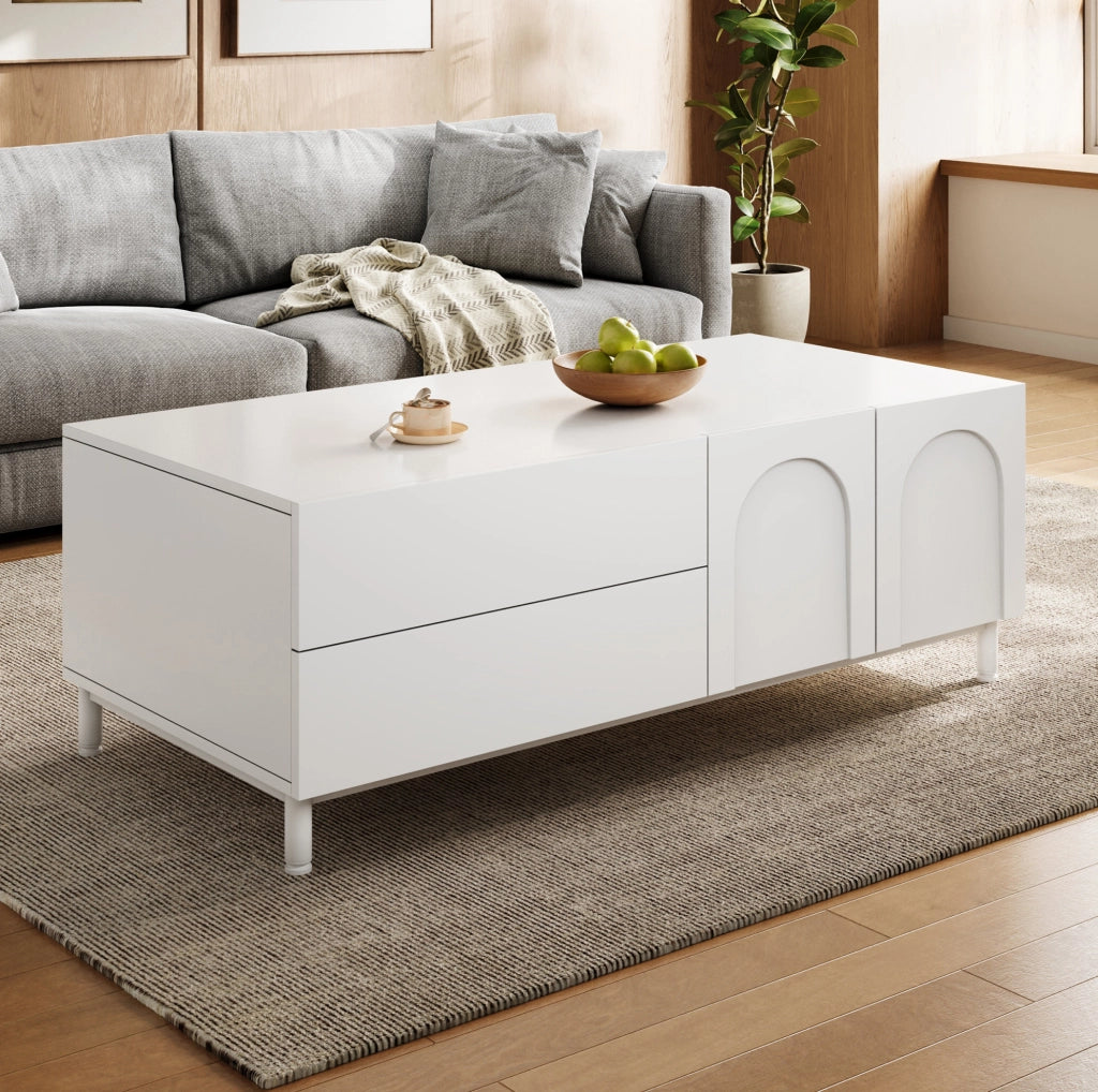 Tavolino da salotto rettangolare 100x50 cm con 2 cassetti e 2 ante; bianco
