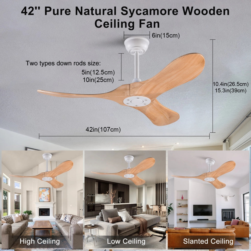 Ventilatore a soffitto da 42 pollici con pale in legno naturale, motore DC silenzioso, funzione memoria e telecomando, design a elica per interni ed esterni