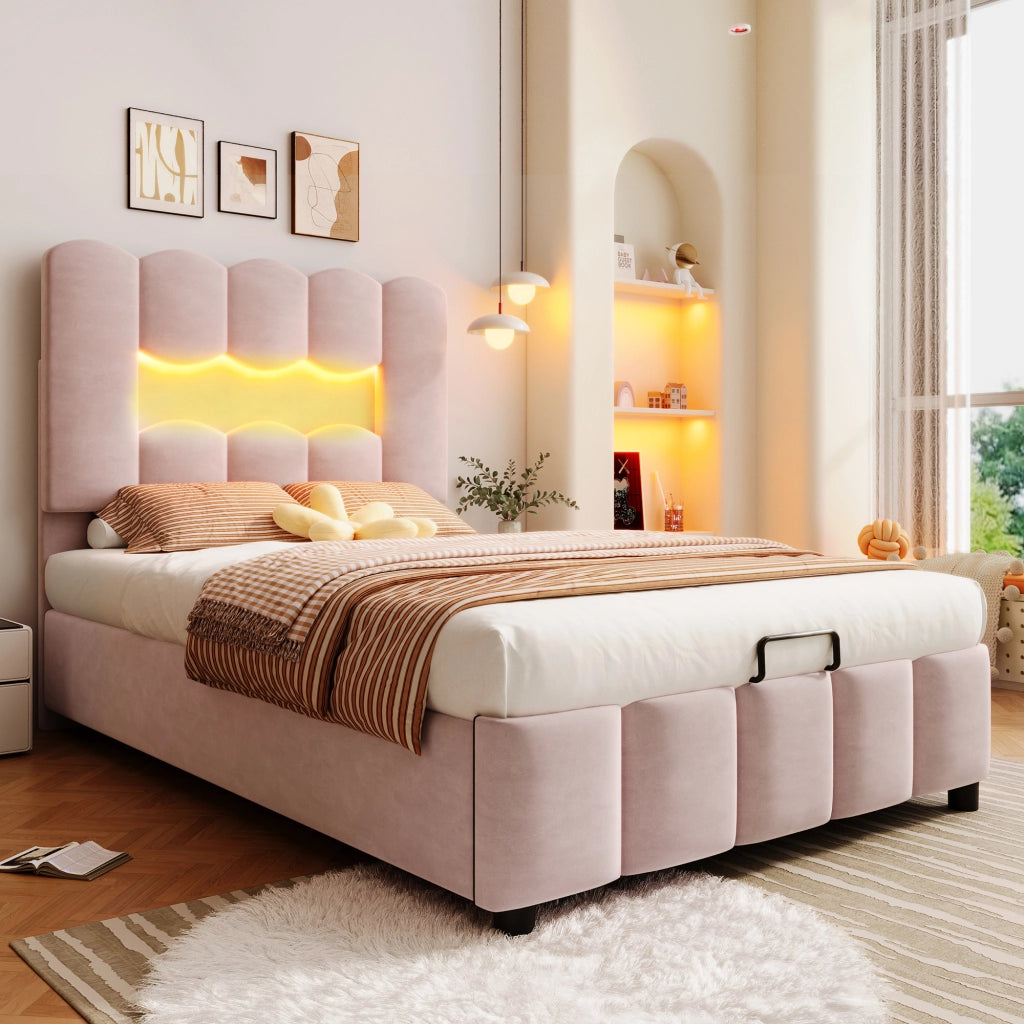 Letto Singolo Imbottito 90x200 cm in Velluto con Contenitore Idraulico; LED; Testiera; Rosa