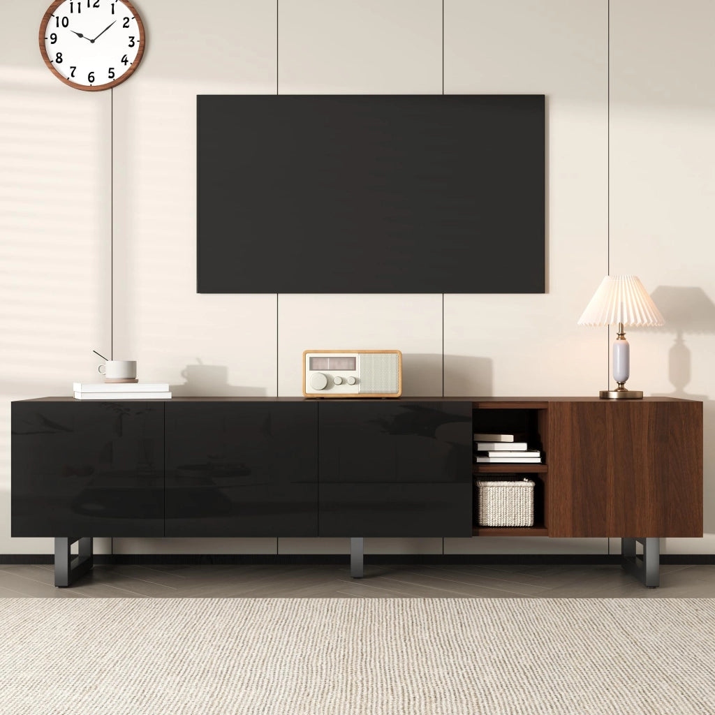 Mobile porta TV da 180 cm,mobile TV con quattro ante,ante lucide senza maniglie,MDF e PB,nero e naturale