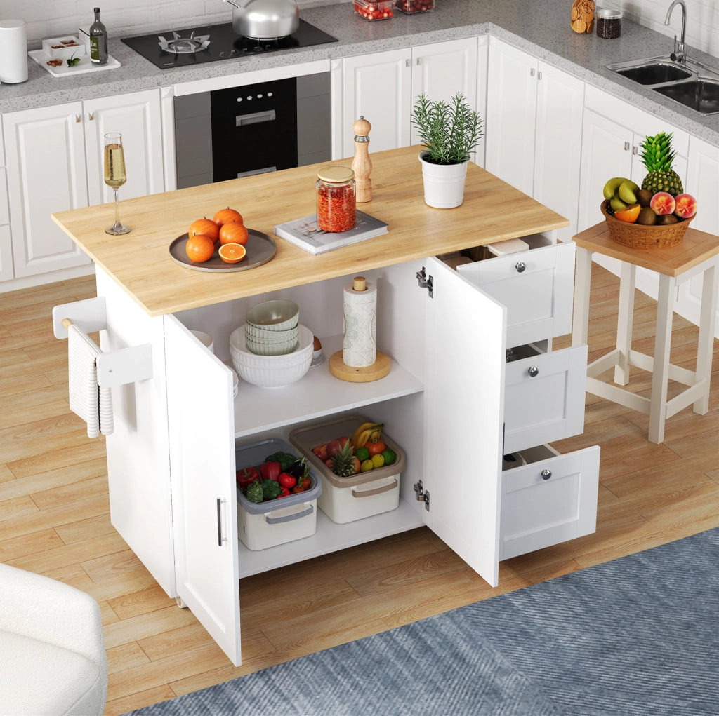 Isola cucina mobile pieghevole con piano effetto rovere 135x70 cm; bianco e naturale