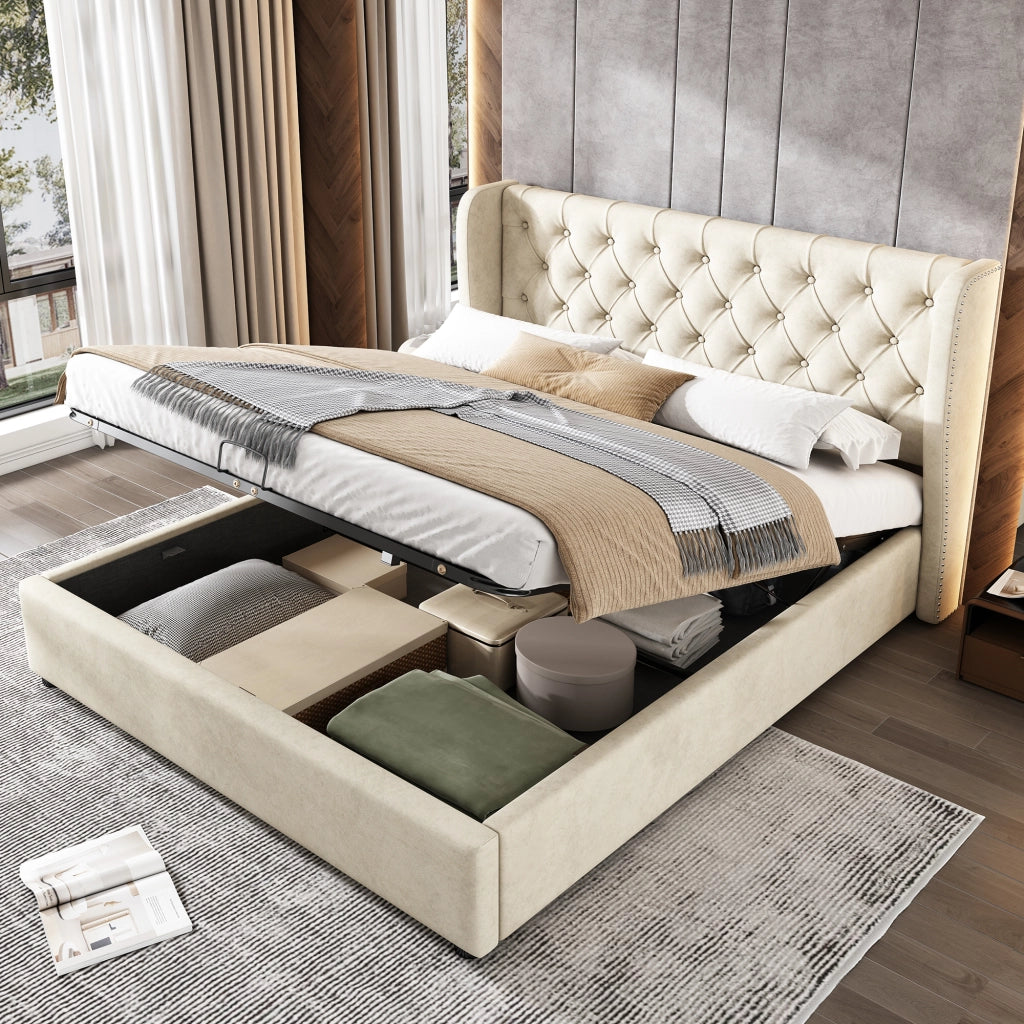 Letto contenitore 140 × 200 cm con sollevamento idraulico testiera imbottita in velluto struttura in legno e acciaio