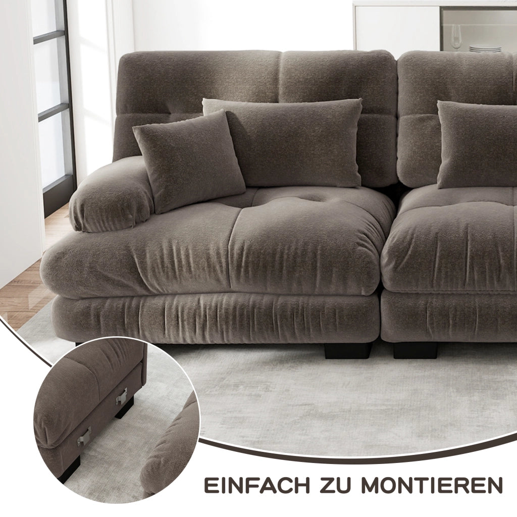 Divano modulare 220x145 cm con 2 ottomane e cuscini; per soggiorno; in ciniglia marrone