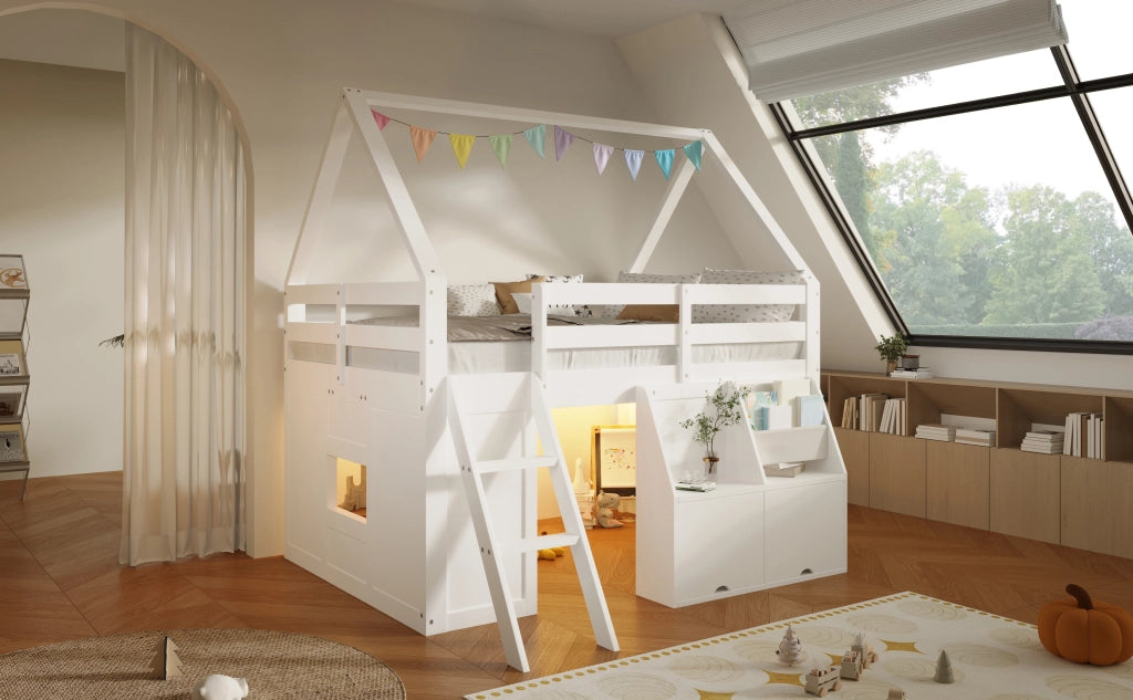 Letto a soppalco per bambini 140 × 200 cm con scala, LED, contenitori e tasche, senza materasso, bianco