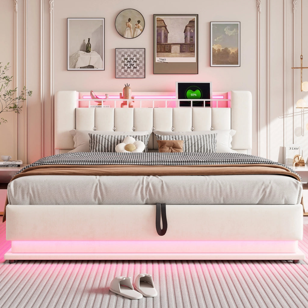 OKWISH Letto Contenitore 180×200 cm, Letto Matrimoniale con LED, USB, Tipo C e Vano Contenitore, senza Materasso, Beige