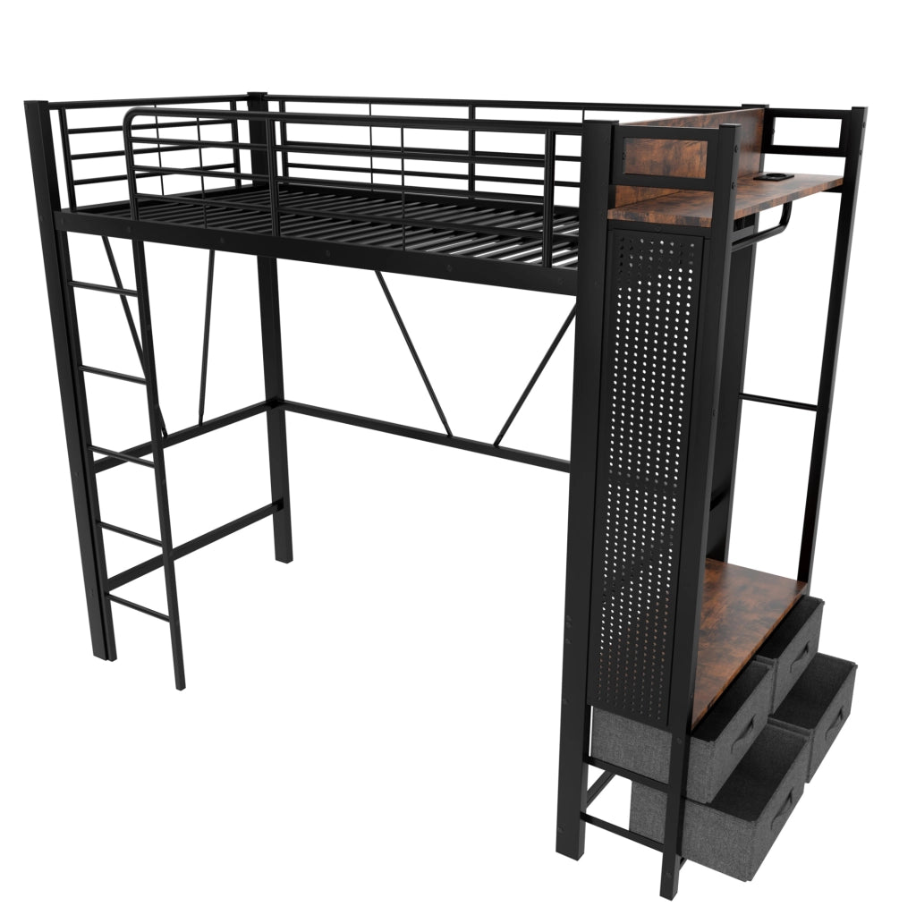Letto a soppalco 90x200 cm con LED, USB e USB-C in metallo e MDF nero
