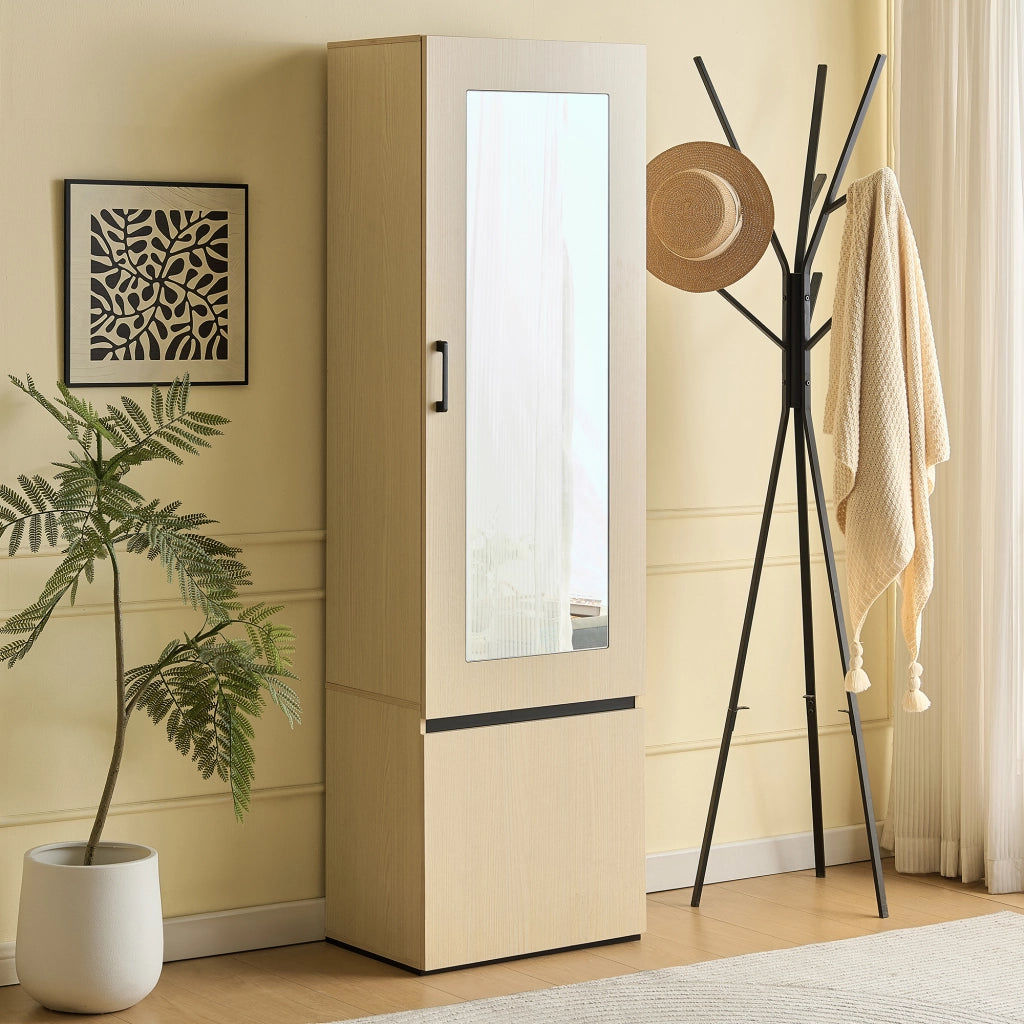 Armadio Guardaroba Stretto con Specchio e Asta Appendiabiti Estraibile in Metallo; Mobile Ingresso Salvaspazio in MDF; 54x34.5x179.5 cm; Colore Legno
