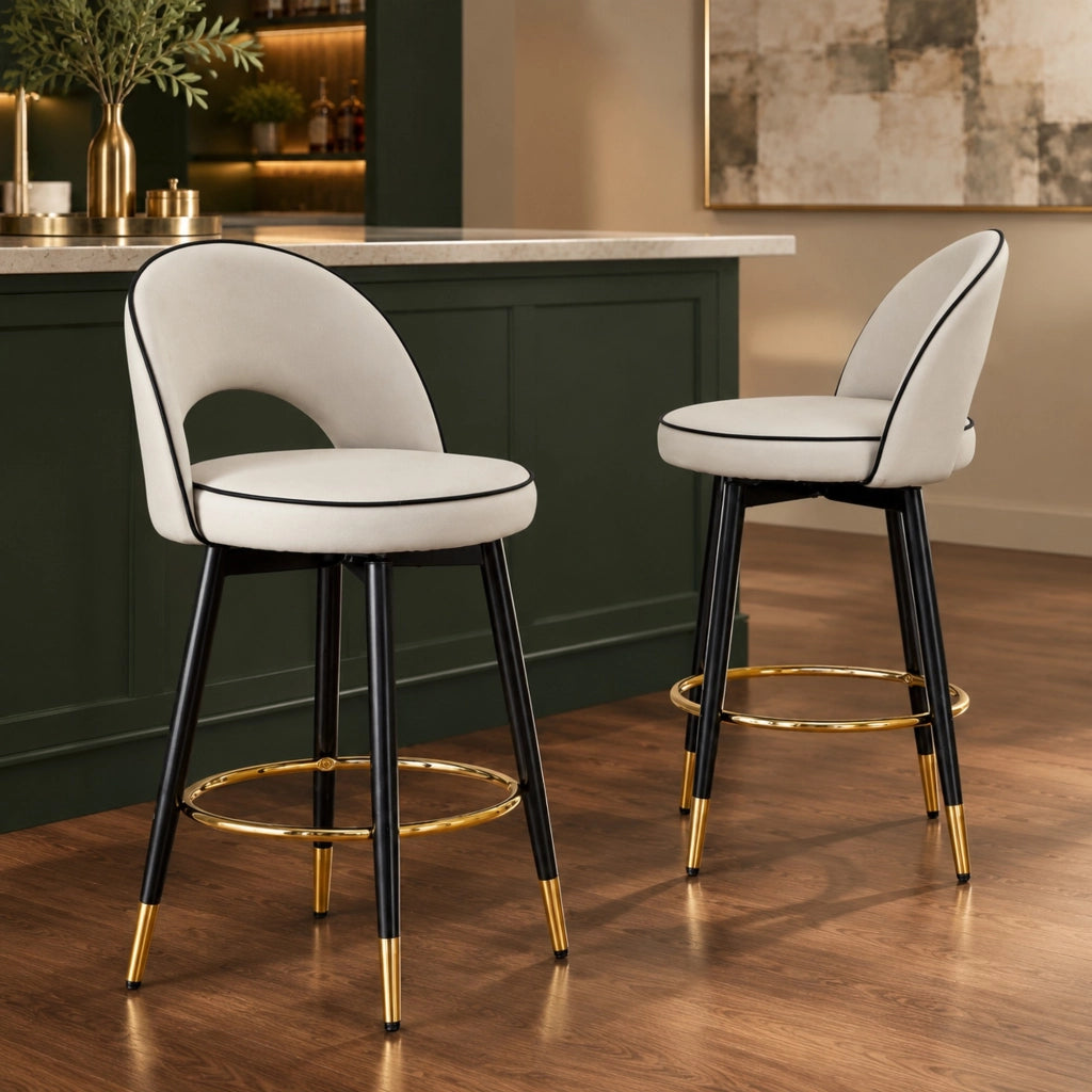 Sgabello da bar girevole a 360° in PU grigio e bianco con dettagli dorati e struttura in metallo set da 2