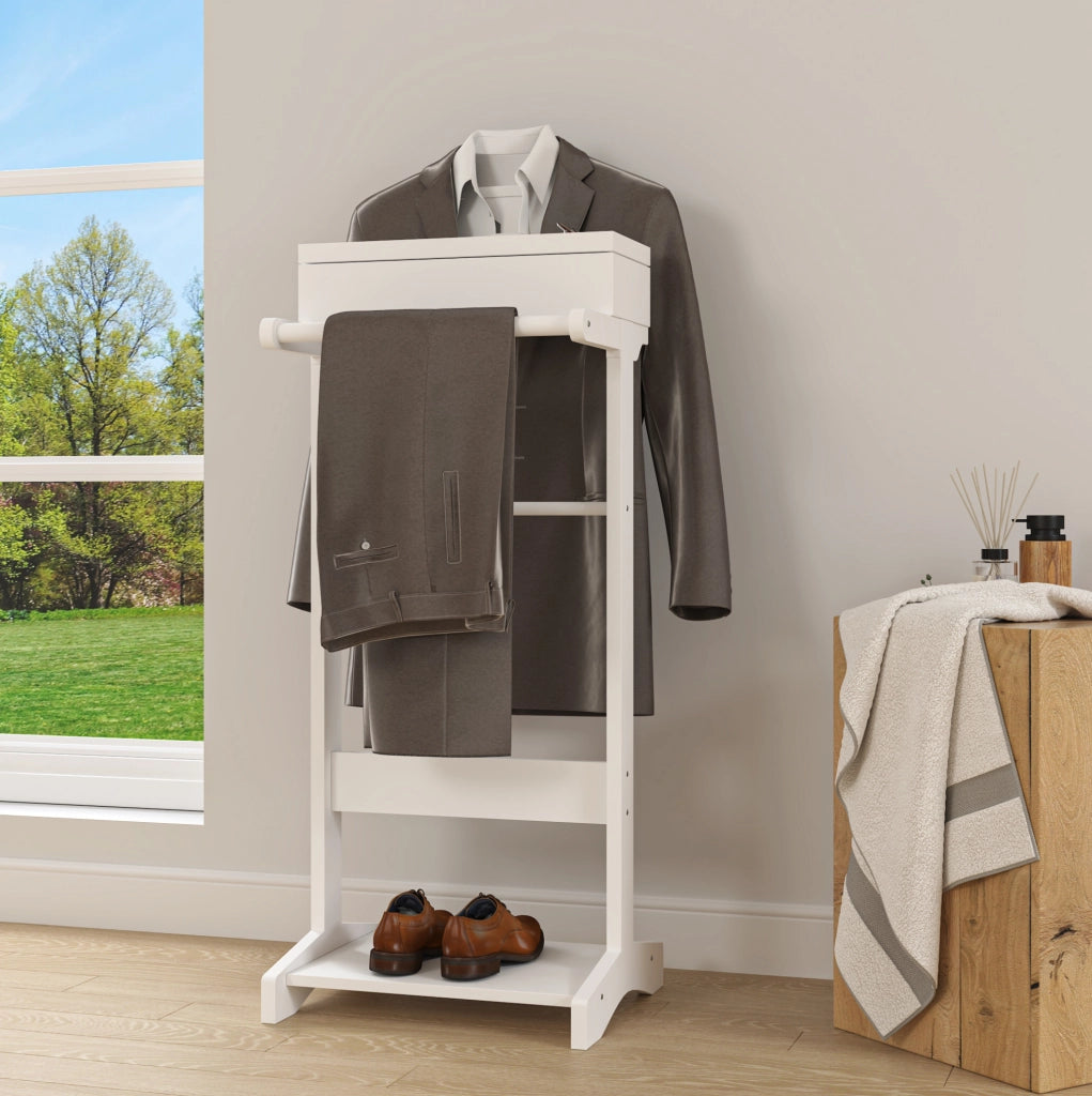 Appendiabiti portatile bianco in MDF con barra in legno massello e organizer con cassetto