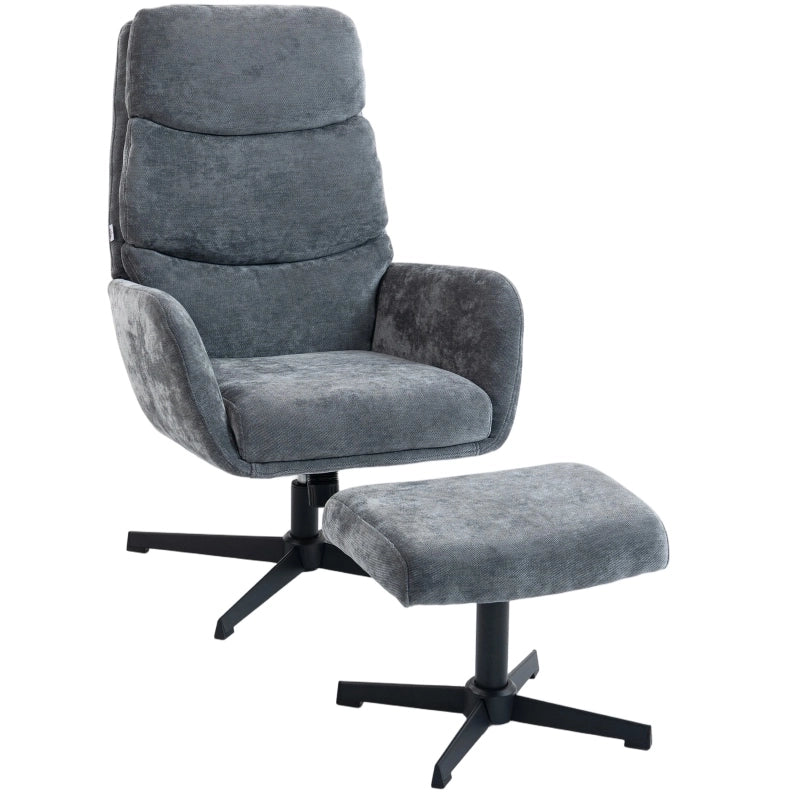 Poltrona relax grigia con poggiapiedi – schienale alto, base in metallo, stile lounge