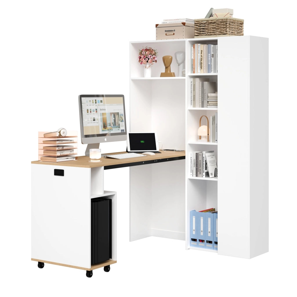 Scrivania pieghevole con ripiani ¨C libreria e scrivania 2-in-1, pieghevole, con presa e porta USB, ripiani regolabili in altezza, protezione anti-ribaltamento, bianca ¨C scrivania ad angolo destra
