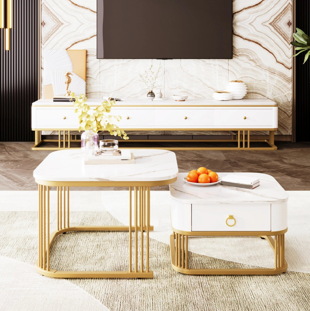 Set di Tavolini Impilabili con Aspetto Marmo Lucido e Accenti Dorati, Tavolino con Cassetto, Bianco e Oro