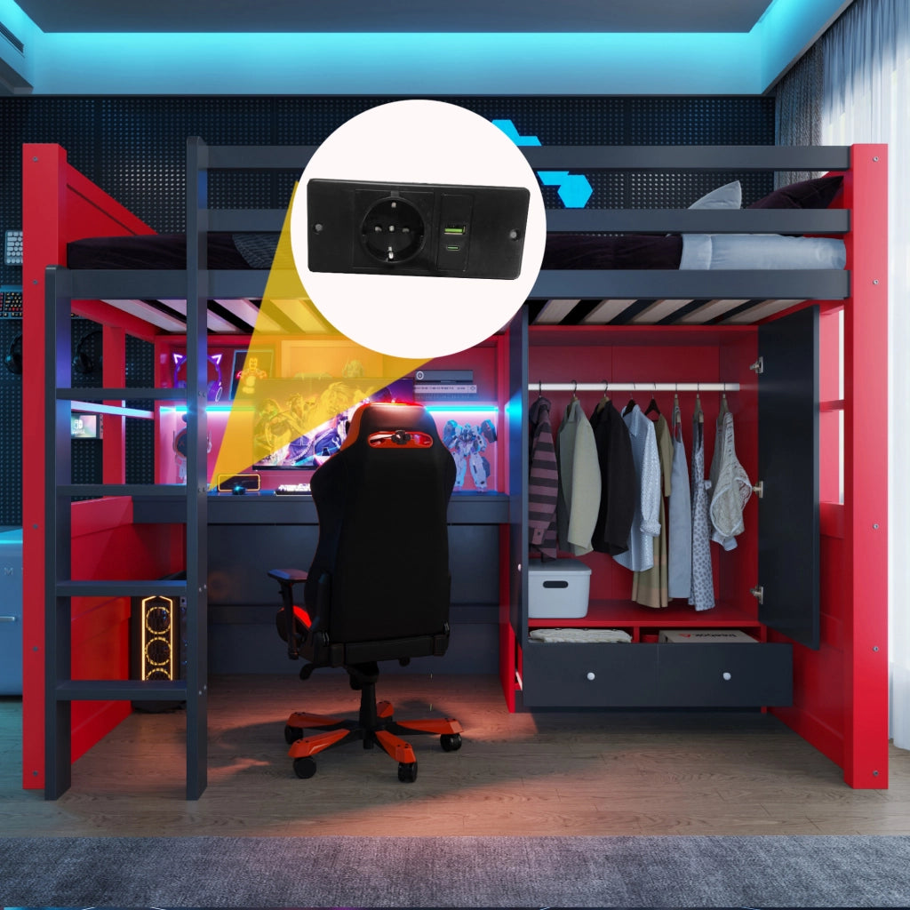 Letto a castello 90x200 cm in legno con armadio, scrivania, cassetti e scala, stile gaming nero e rosso