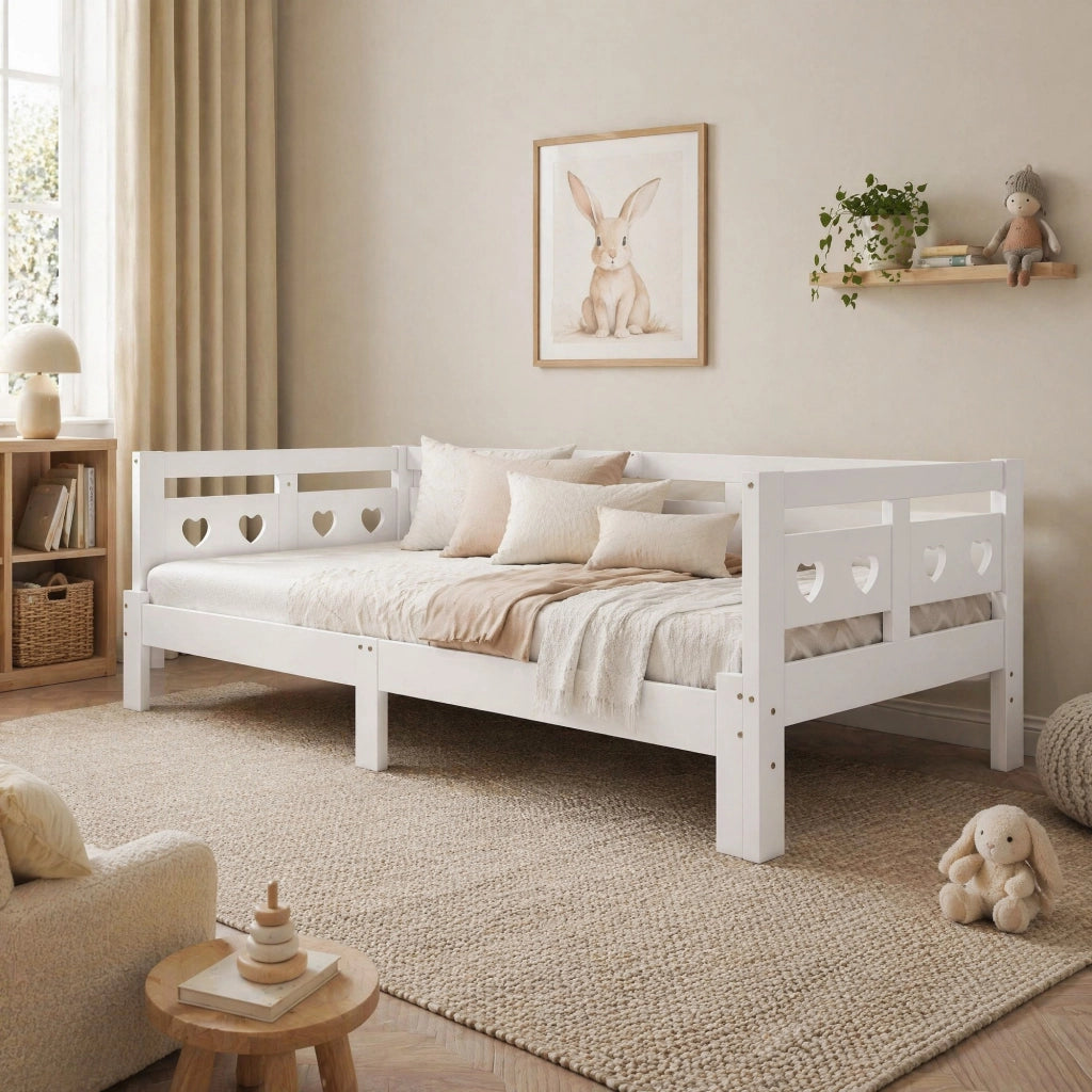 Divano letto estensibile 90 × 200 cm con seconda superficie letto in legno bianco a forma di cuore