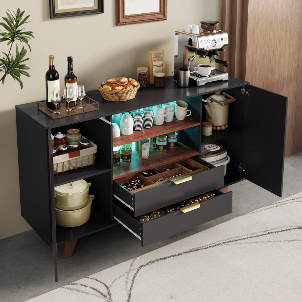 Credenza da cucina LED con 2 cassetti, ripiani regolabili e vani aperti, MDF naturale e nero, 150 × 40 × 90 cm